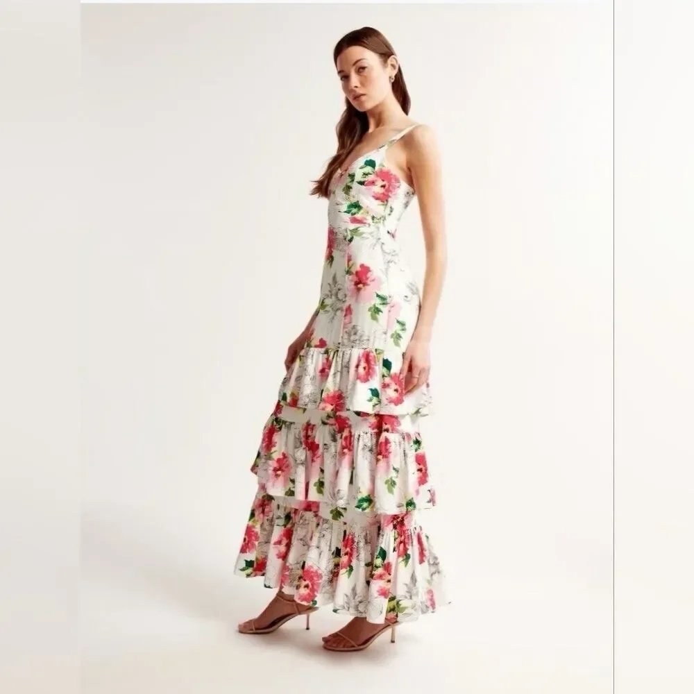 NWT Abercrombie & Fitch Dream Ruffle Floral Maxi Dress Size Small Petite